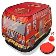 Playbees Musical Fire Truck Pop Up Play Tent with 3 Openings - Role Play Firefighter Tent - Sirens \u0026 Fireman Sounds - Indoor Outdoor - Red Fire Engine